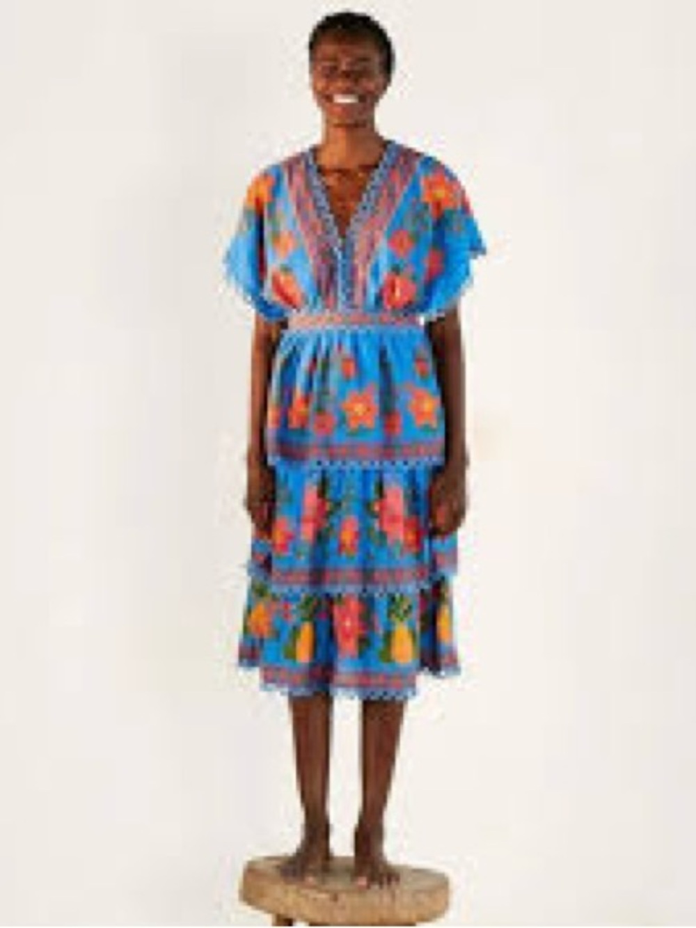 Farm Rio Tropical Tapestry Layered Midi Dress Womens XS Blue Excellent Floral